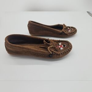 Brown Suede Moccasin Loafers with Bead Embroidery Sz 7.5